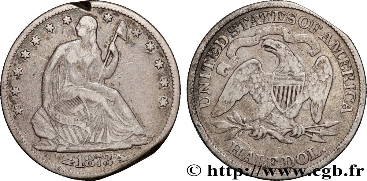 ÉTATS-UNIS D&nbsp;AMÉRIQUE 1/2 Dollar “Seated Liberty” 1873 Philadelphie TB+ 