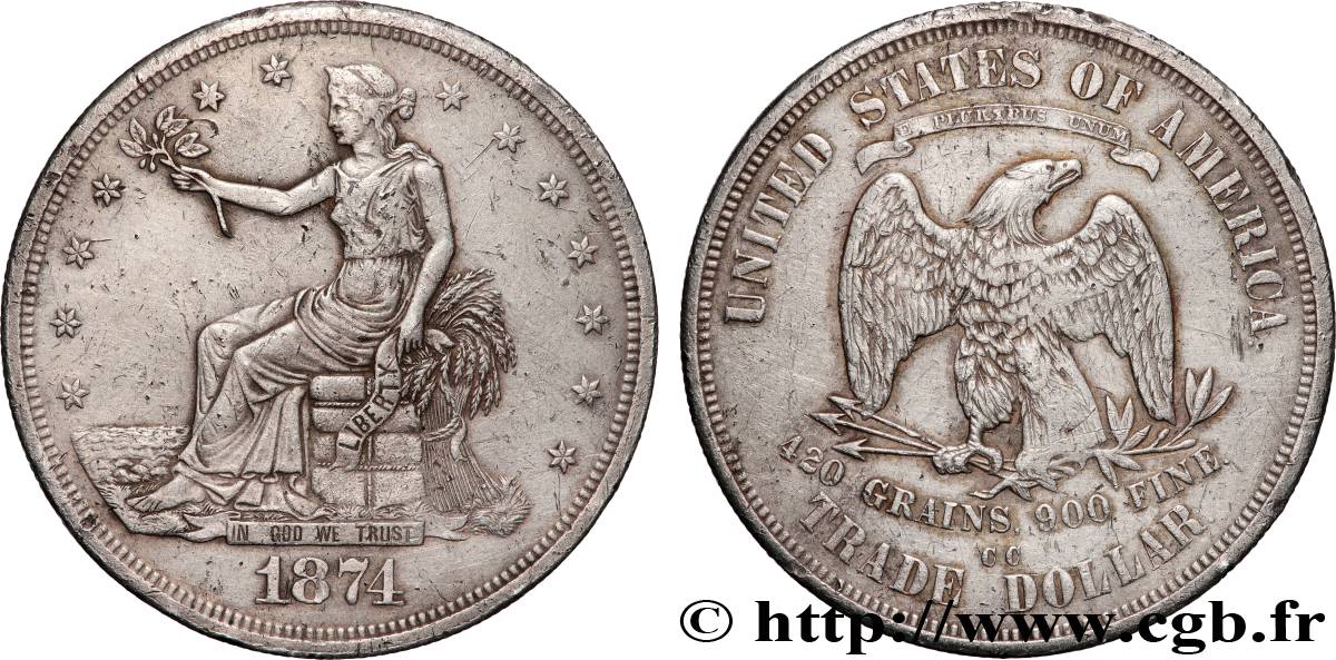ÉTATS-UNIS D AMÉRIQUE 1 Dollar type “trade Dollar” aigle et liberté assise 1874 Carson City - CC TTB 