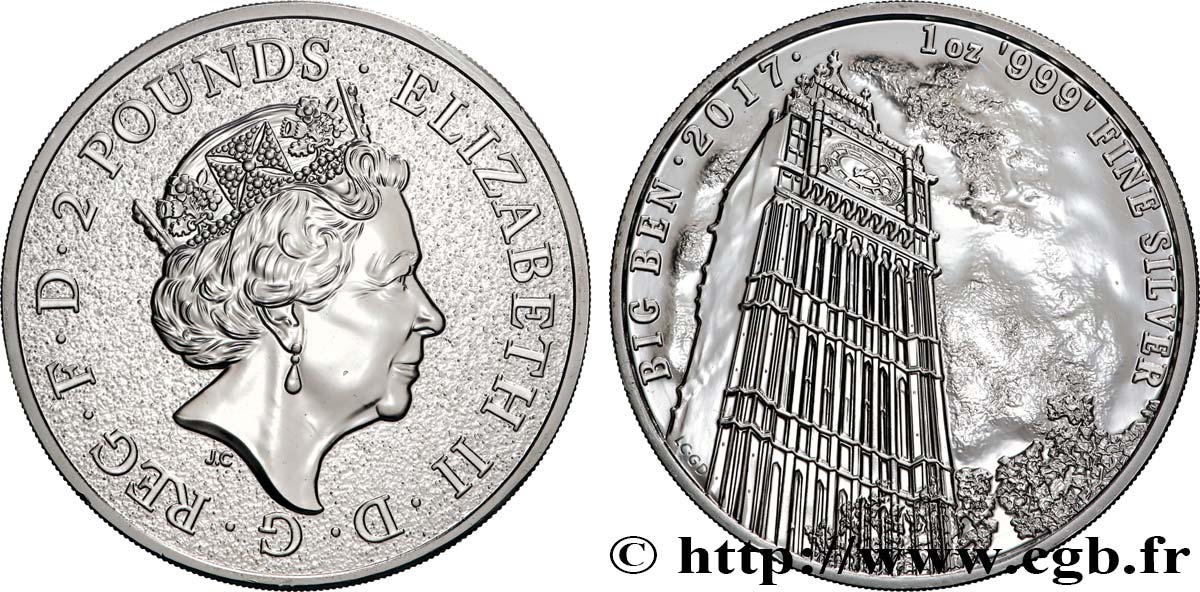 SILVER INVESTMENT 1 Oz - 2 Pounds Big Ben 2017  MS 