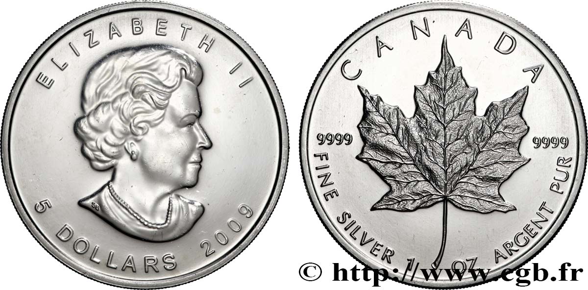 SILVER INVESTMENT 5 Dollars (1 once) feuille d’érable 2009  AU 