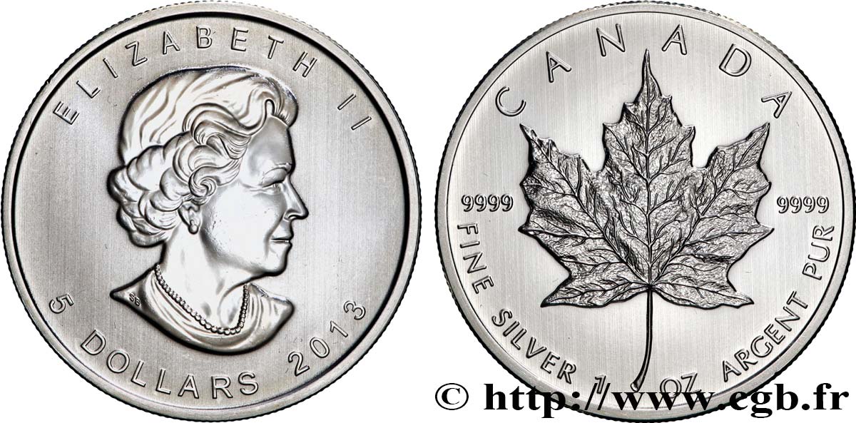 SILVER INVESTMENT 1 Oz - 5 Dollars Feuille d’Erable 2013  MS 