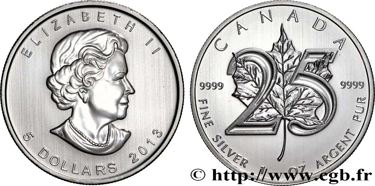 SILVER INVESTMENT 1 Oz - 5 Dollars Feuille d’Erable 25e Anniversaire de la FEA d’investissement 2013  MS 