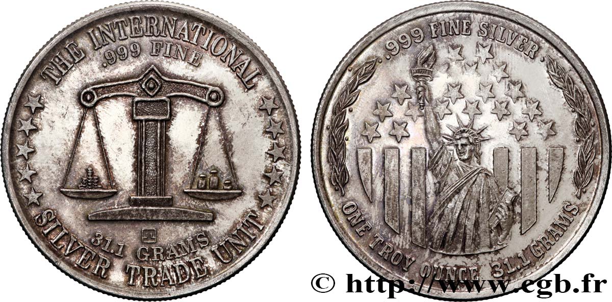 SILVER INVESTMENT 1 Troy Once International silver trade unit 1985  MS 