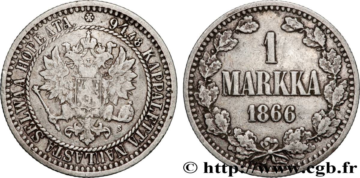 FINLANDE 1 Markka 1866 Helsinki TB+ 