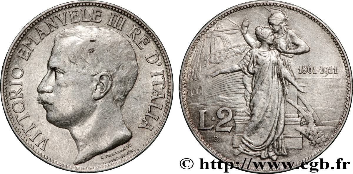 ITALIE 2 Lire Victor Emmanuel III - Cinquantenaire de la proclamation du Royaume d’Italie 1911 Rome TTB 
