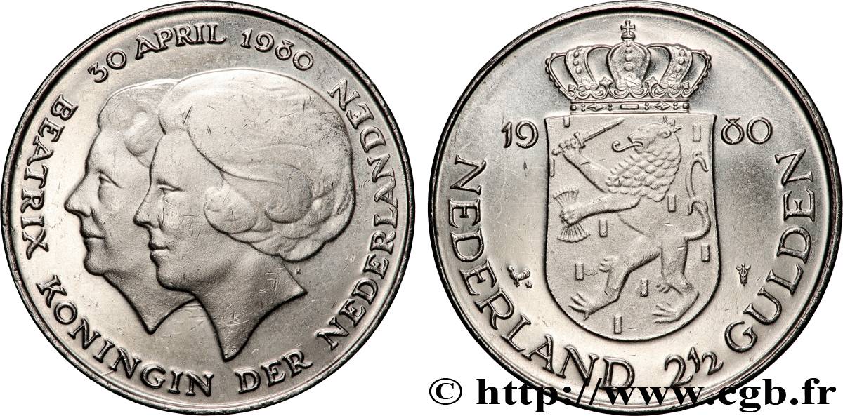 NETHERLANDS 2 1/2 Gulden couronnement de la reine Beatrix, buste de Juliana au second plan 1980 Utrecht AU 