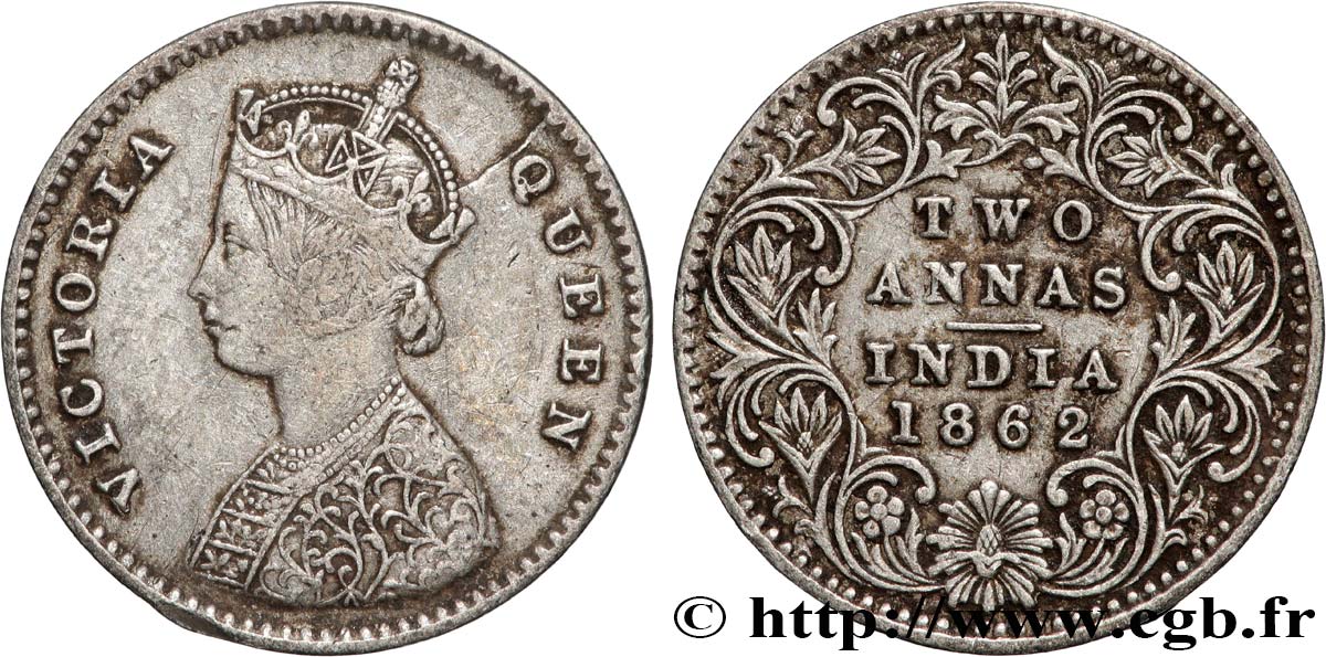 INDES BRITANNIQUES 2 Annas Anna Victoria 1862 Bombay TTB 