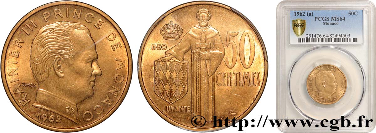 MONACO 50 Centimes prince Rainier III de Monaco 1962 Paris fST64 PCGS