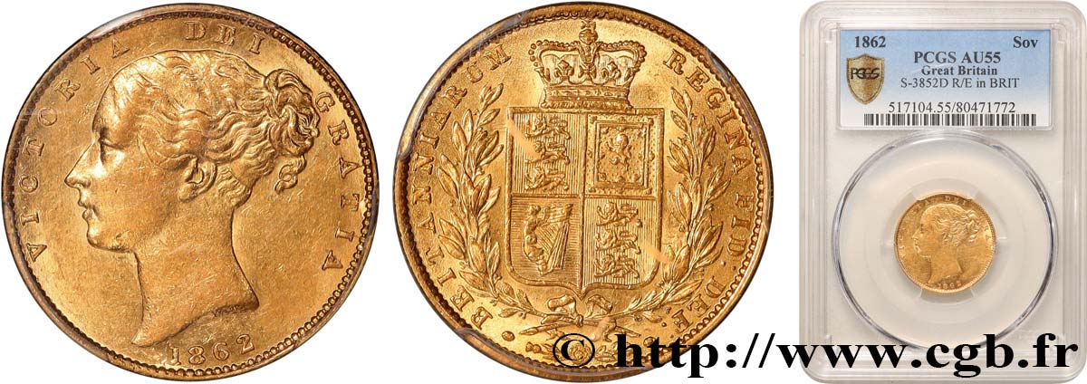 GROßBRITANNIEN - VICTORIA 1 Souverain buste jeune 1862 Londres VZ55 PCGS