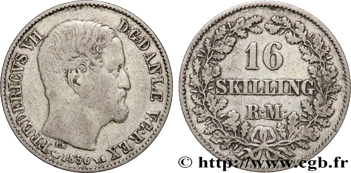 DENMARK 16 Skilling Rigsmont Frédéric VII 1856 Copenhague VF 