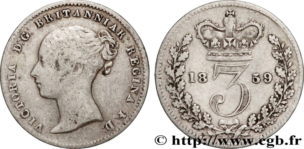 ROYAUME-UNI 3 Pence Victoria “tête jeune” 1859 Londres TB+ 