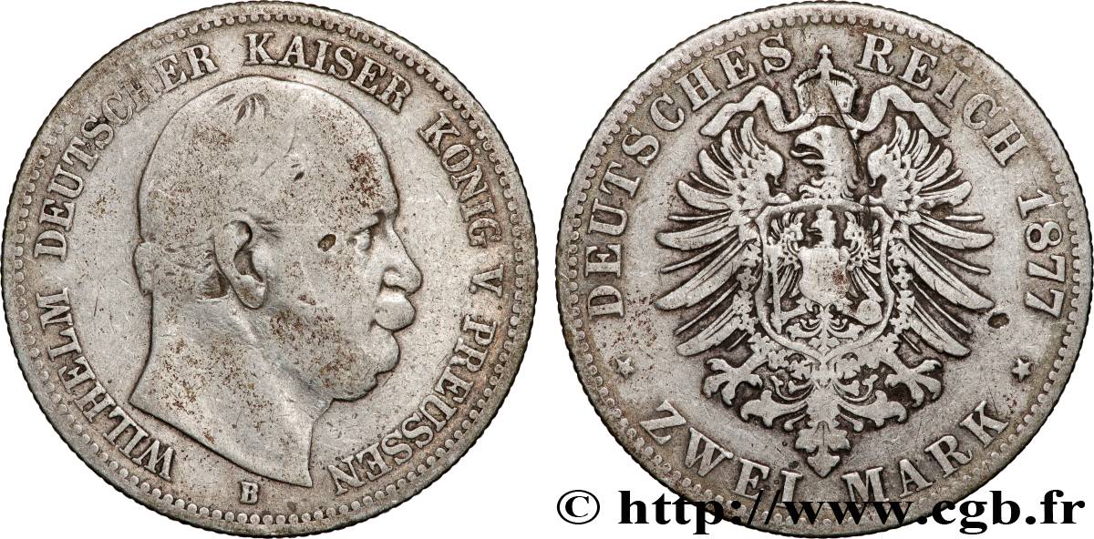 GERMANY - PRUSSIA 2 Mark royaume de Prusse Guillaume Ier, 1e type 1877 Hanovre VF 