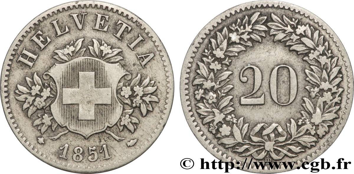 SUISSE 20 Centimes (Rappen) 1851 Strasbourg - BB TB+ 