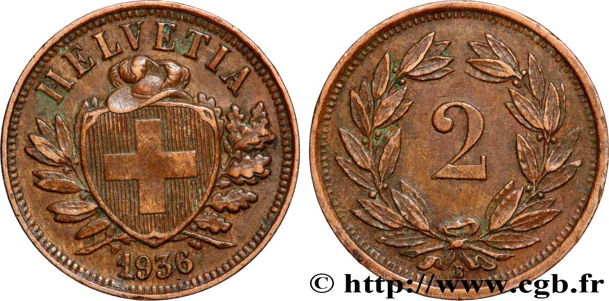 SWITZERLAND 2 Centimes (Rappen) croix suisse 1936 Berne AU 