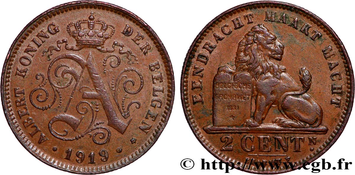 BELGIUM 2 Centiemen (Centimes) Albert Ier légende flamande 1919 Bruxelles AU 