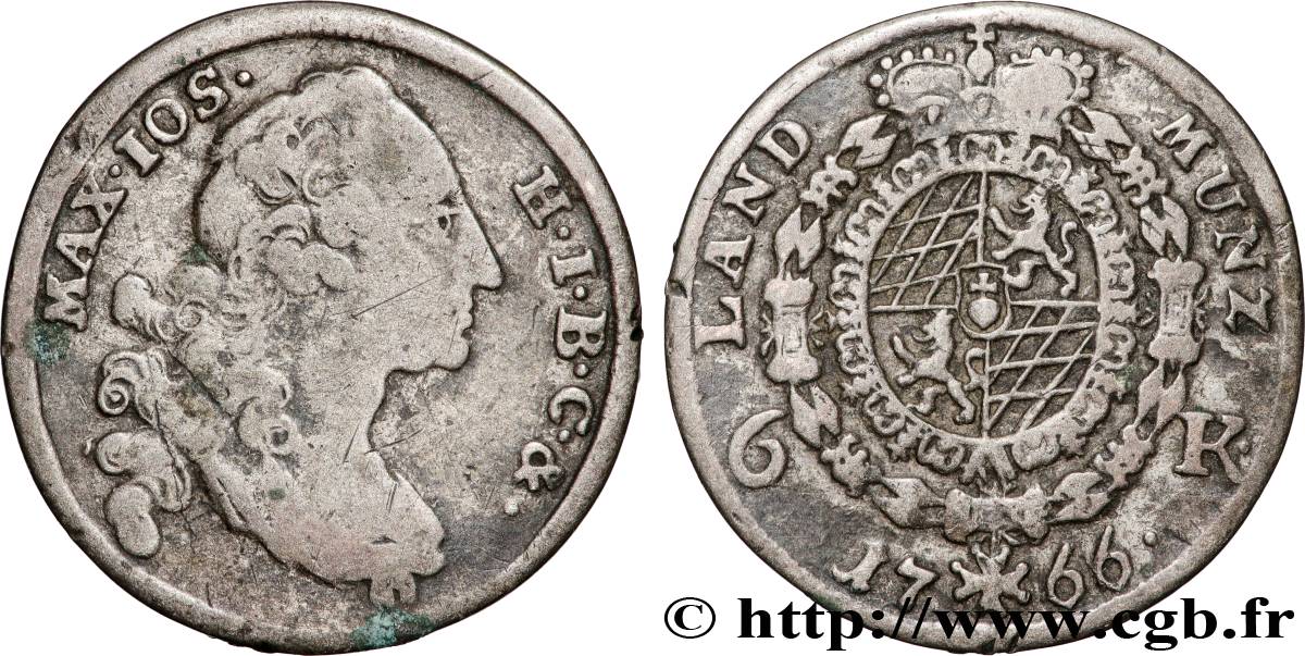 ALLEMAGNE - ÉLECTORAT DE BAVIÈRE - MAXIMILIEN III JOSEPH 6 Kreuzers 1766 Munich TB+ 