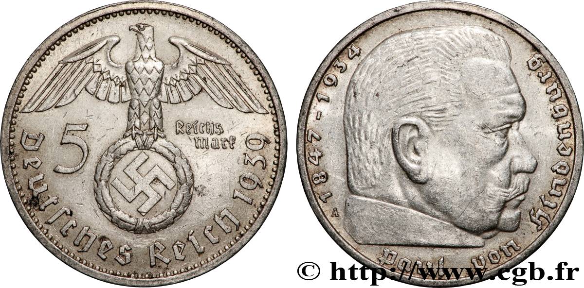 ALLEMAGNE 5 Reichsmark Maréchal Paul von Hindenburg 1939 Berlin TTB 