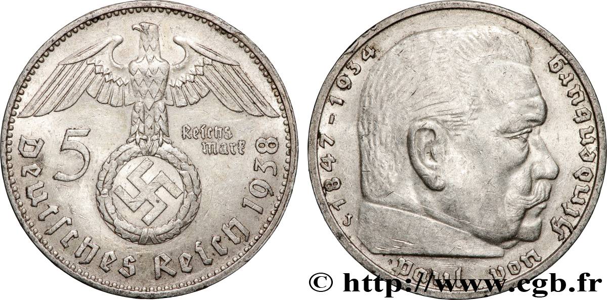 ALLEMAGNE 5 Reichsmark Aigle / Maréchal Paul von Hindenburg 1938 Hambourg TTB+ 
