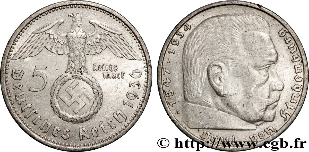 ALLEMAGNE 5 Reichsmark Maréchal Paul von Hindenburg 1936 Berlin TTB+ 