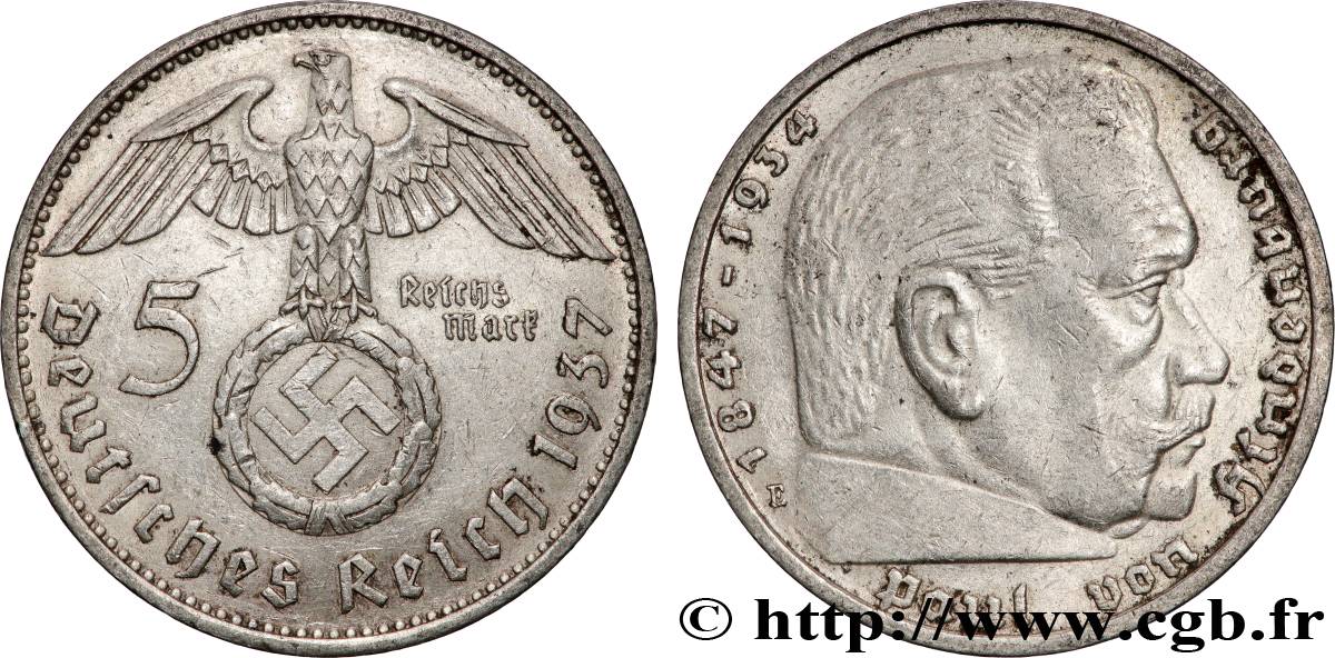 ALLEMAGNE 5 Reichsmark Maréchal Paul von Hindenburg 1937 Muldenhütten - E TTB 