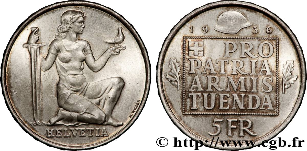 SUISSE 5 Francs fond pour l’armement 1936 Berne SPL 
