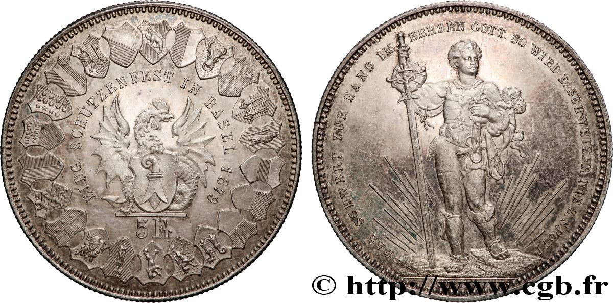SUISSE 5 Francs, monnaie de Tir, Bâle 1879  TTB+ 