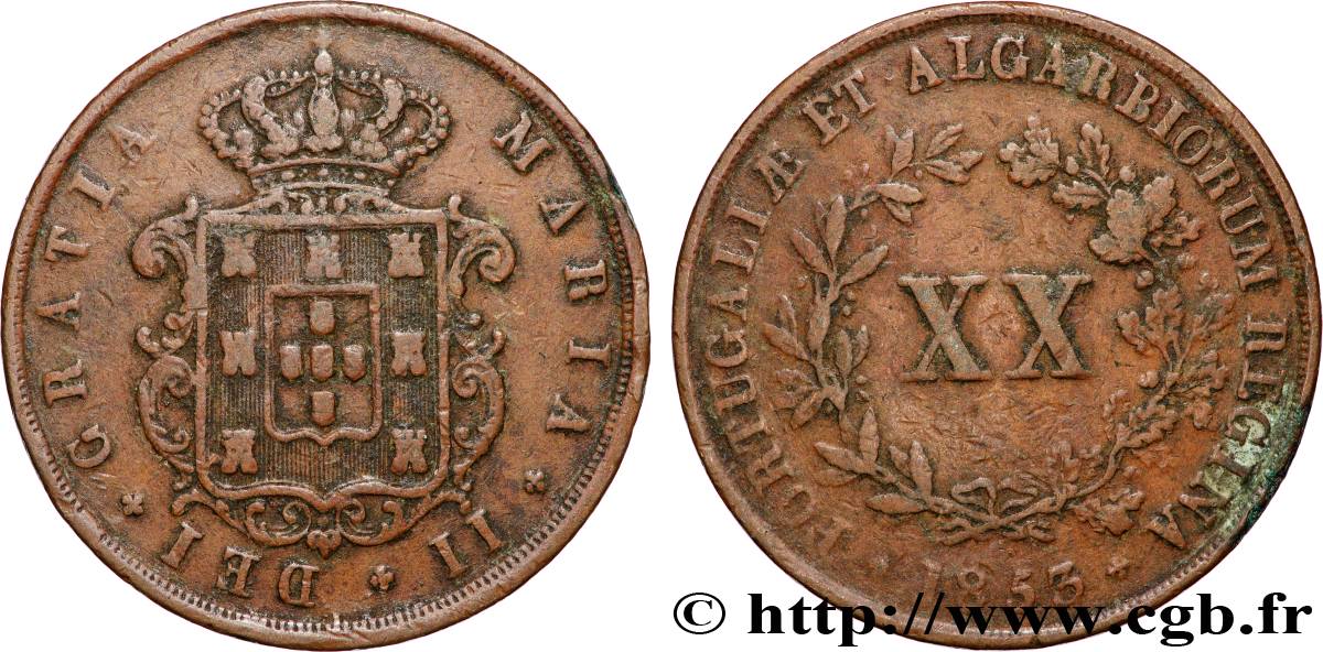 PORTUGAL - ROYAUME DE PORTUGAL - MARIE II  20 Reis  1853  TTB 
