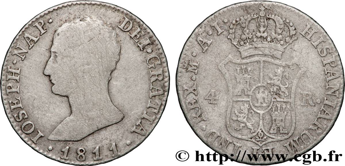 SPAIN - KINGDOM OF SPAIN - JOSEPH NAPOLEON 4 Reales 1811 Madrid VF 