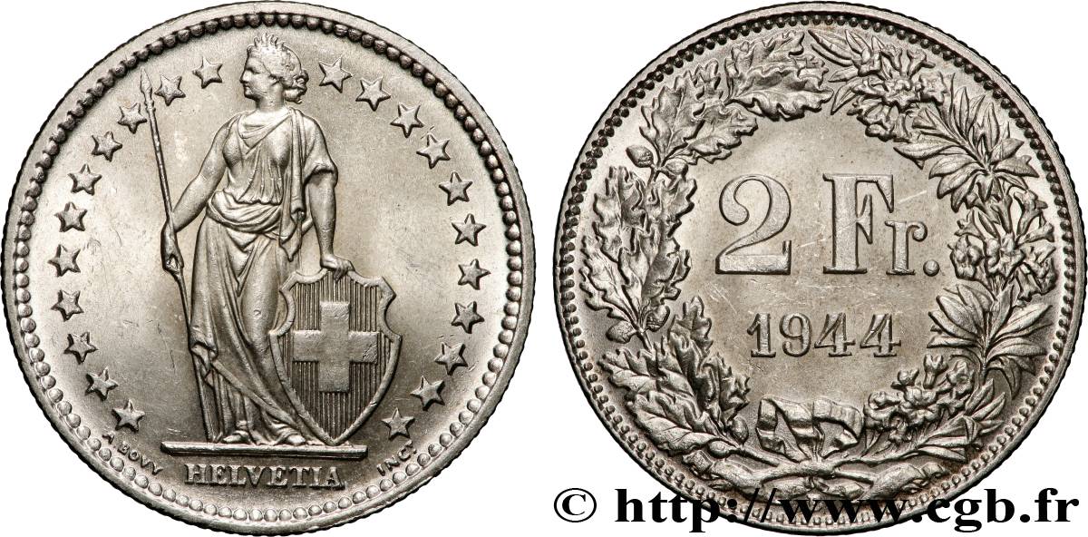 SUISSE 2 Francs Helvetia 1944 Berne SUP 