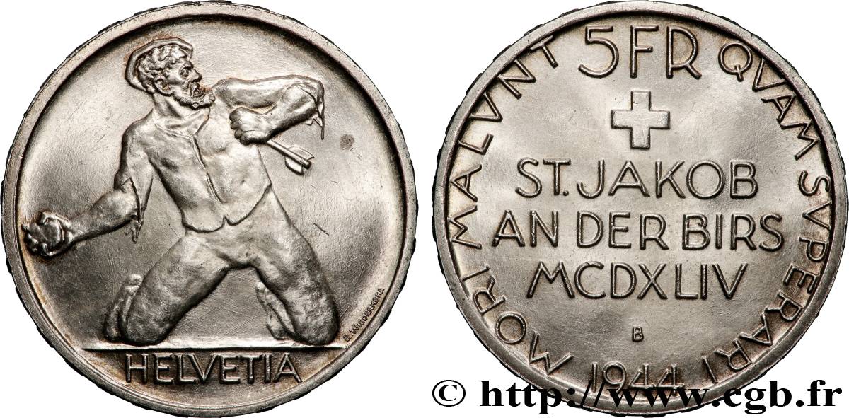 SUISSE 5 Francs 500e anniversaire de la Bataille de Saint-Jacques sur la Birse 1944 Berne SUP 