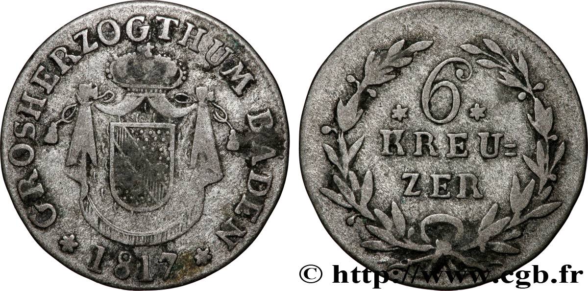 ALLEMAGNE - BADE 6 Kreuzer Grand-Duché de Bade 1817  TB+ 