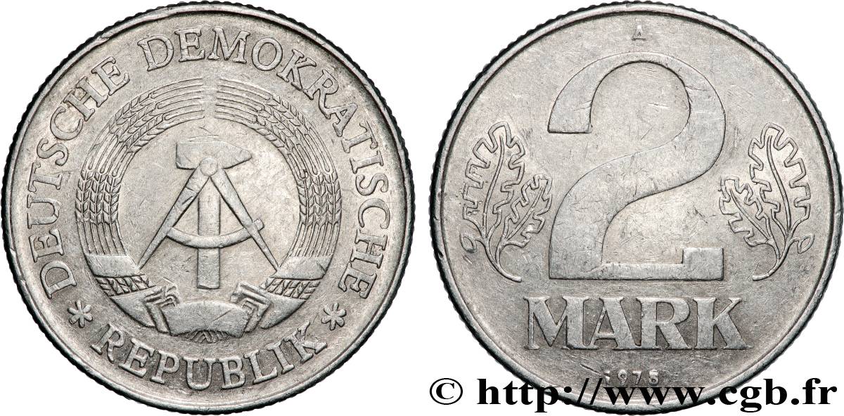 GERMAN DEMOCRATIC REPUBLIC 2 Mark emblème de la RDA 1975 Berlin XF 