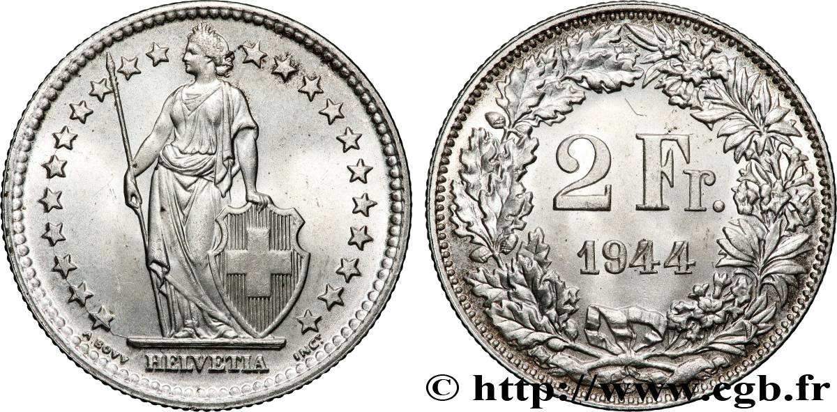 SUISSE 2 Francs Helvetia 1944 Berne SUP 