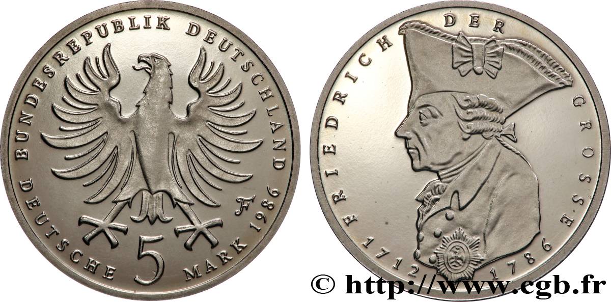 DEUTSCHLAND 5 Mark Proof Frédéric lI de Prusse 1986 Stuttgart ST 