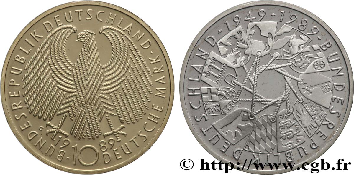 ALLEMAGNE 10 Mark Proof 40e anniversaire de la fondation de la République Fédérale Allemande 1989 Karlsruhe FDC 
