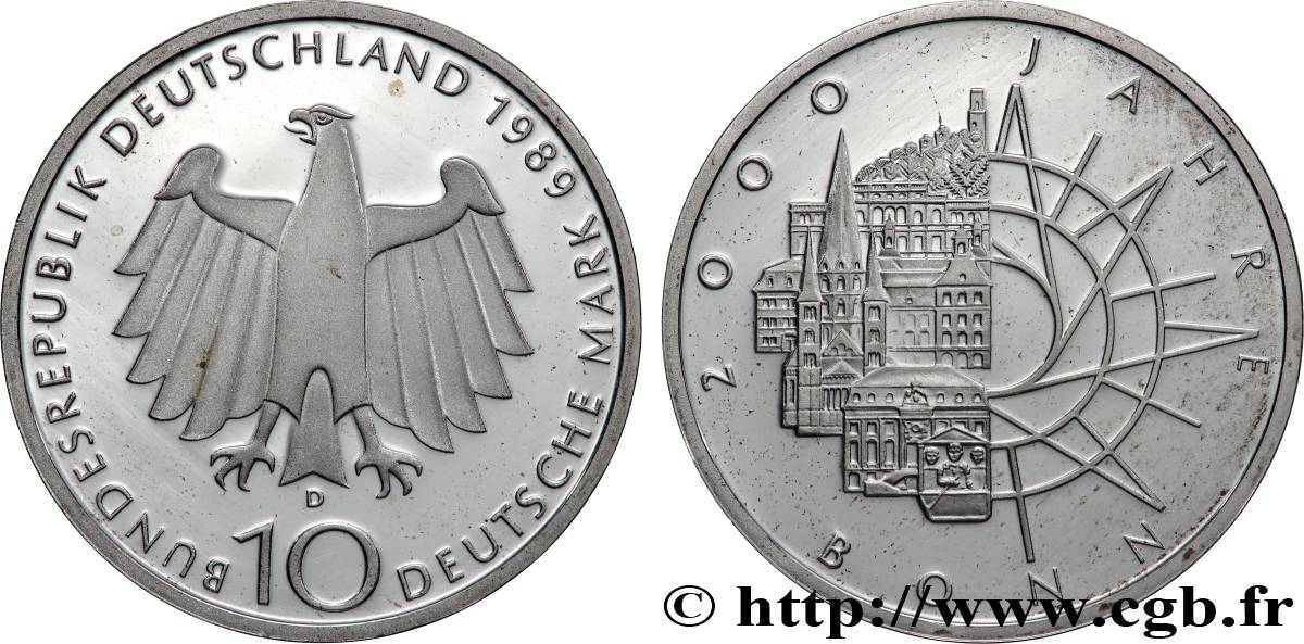 ALLEMAGNE 10 Mark Proof 2000e anniversaire de la fondation de Bonn 1989 Munich FDC 