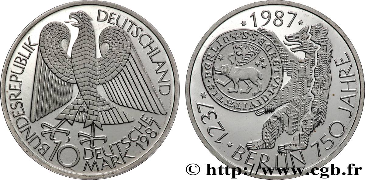 ALLEMAGNE 10 Mark Proof 750e anniversaire de la ville de Berlin 1987 Hambourg FDC 