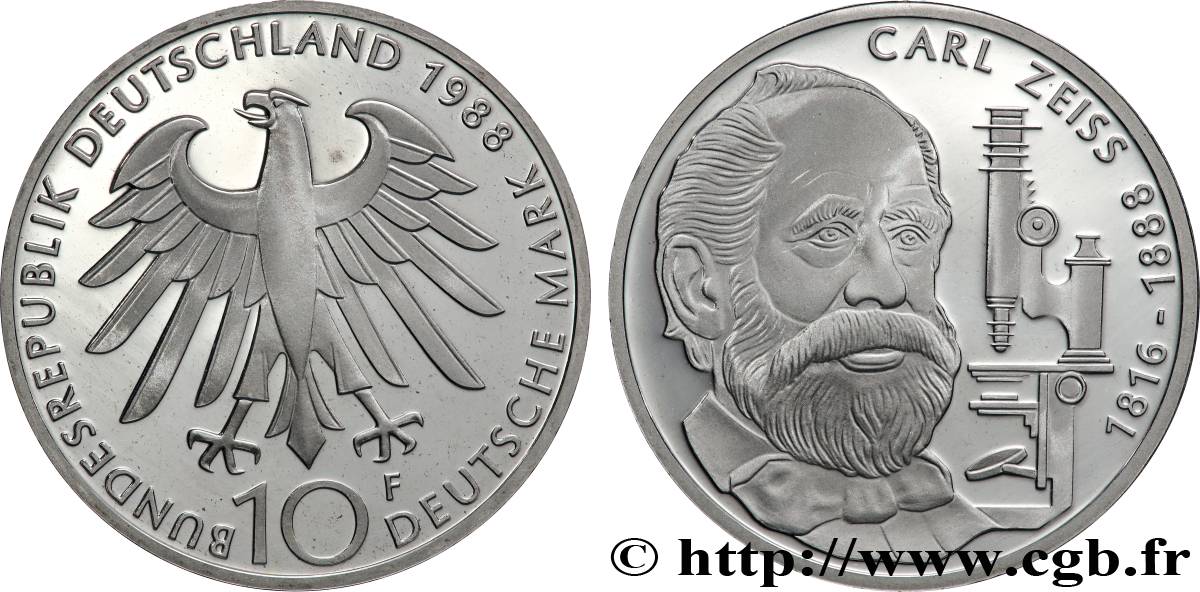 DEUTSCHLAND 10 Mark Proof Carl Zeiss 1988 Stuttgart ST 