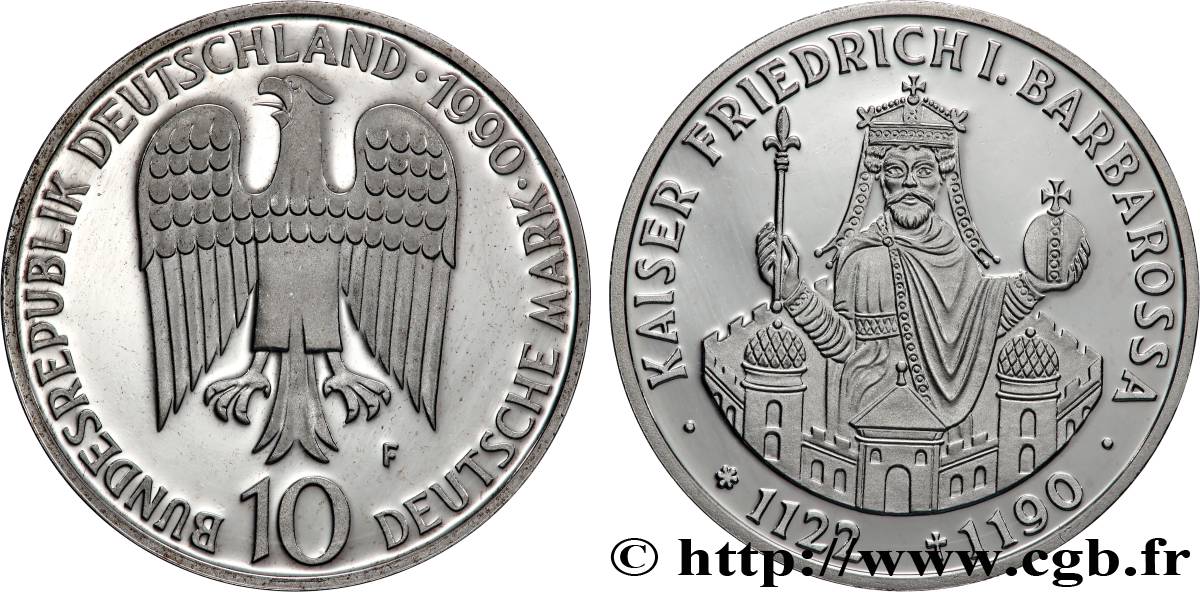 DEUTSCHLAND 10 Mark Proof 800e anniversaire de la mort de Frédéric Barberousse 1990 Stuttgart ST 