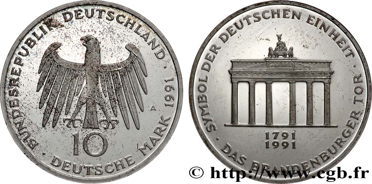 DEUTSCHLAND 10 Mark Proof 200e anniversaire de l’inauguration de la Porte de Brandebourg 1991 Berlin fST 