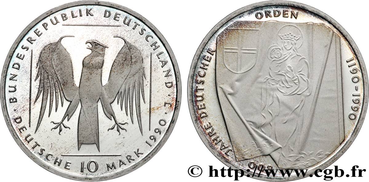 DEUTSCHLAND 10 Mark Proof 800e anniversaire de l’ordre teutonique 1990 Hambourg fST 