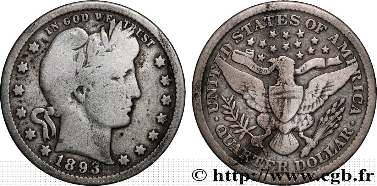 ÉTATS-UNIS D&nbsp;AMÉRIQUE 1/4 Dollar Barber 1893 Philadelphie TB+ 