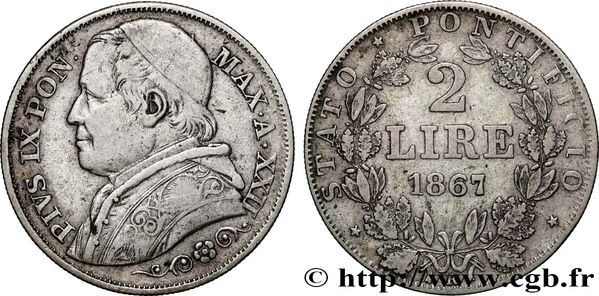 VATICAN ET ÉTATS PONTIFICAUX 2 Lire Pie IX an XXII 1867 Rome TTB 