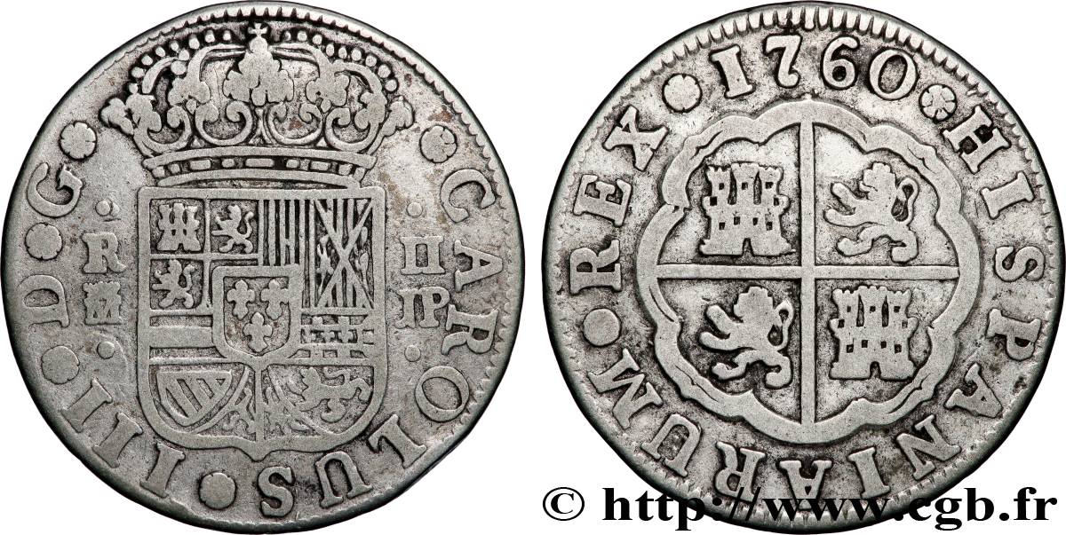 SPAIN - KINGDOM OF SPAIN - CHARLES III 2 Reales  1760 Madrid VF 