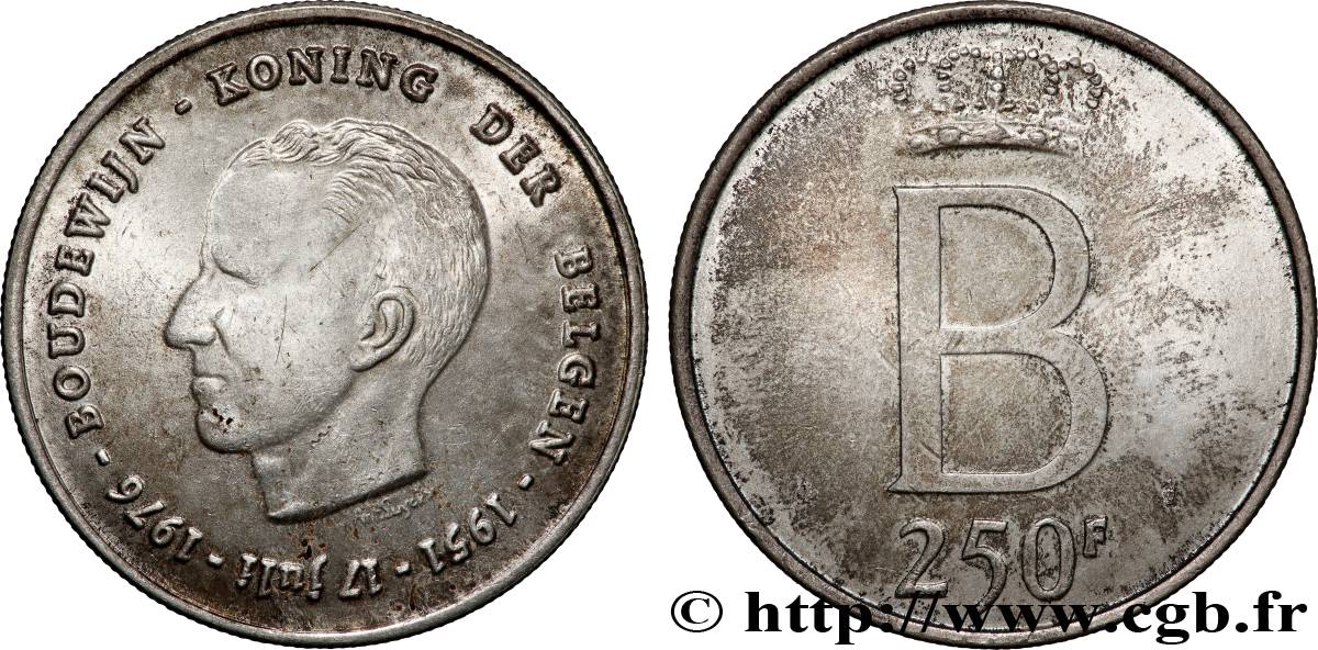 BELGIQUE 250 Francs jubilé d’argent du roi Baudouin légende flamande 1976 Bruxelles TTB+ 