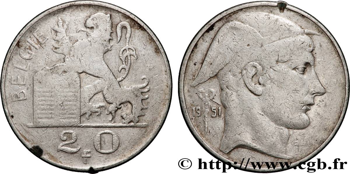 BELGIUM 20 Francs Mercure, légende flamande 1951 Bruxelles VF 