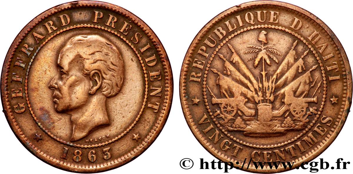 HAITI 20 Centimes président Geffrard 1863 Heaton VF 