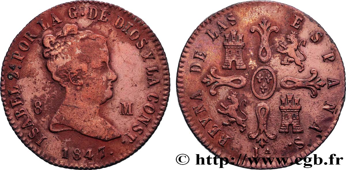 ESPAGNE 8 Maravedis Isabelle II 1847 Jubia TB 