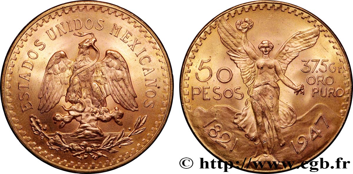 GOLD, PALLADIUM & PLATINUM INVESTMENT 50 Pesos or 1947 Mexico MS 