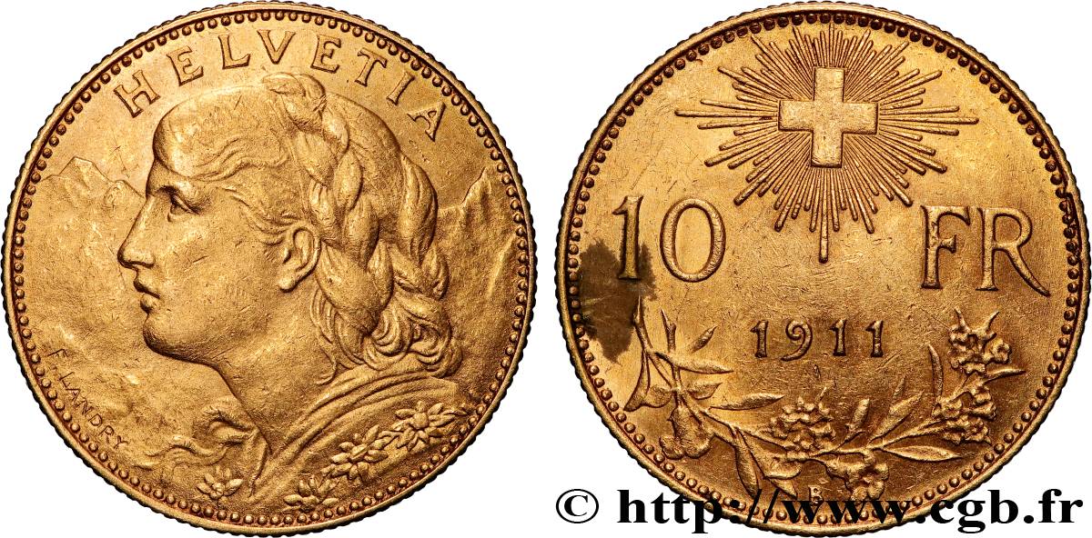 OR, PALLADIUM ET PLATINE INVESTISSEMENT 10 Francs  Vreneli  1911 Berne TTB+ 